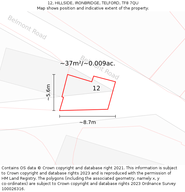 12, HILLSIDE, IRONBRIDGE, TELFORD, TF8 7QU: Plot and title map