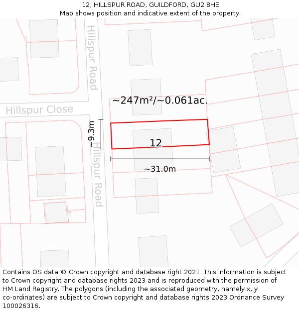 12, HILLSPUR ROAD, GUILDFORD, GU2 8HE: Plot and title map