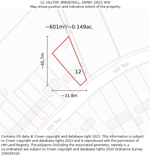 12, HILLTOP, BREADSALL, DERBY, DE21 4FW: Plot and title map