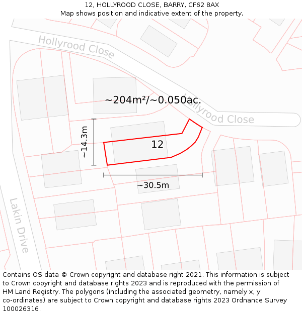 12, HOLLYROOD CLOSE, BARRY, CF62 8AX: Plot and title map