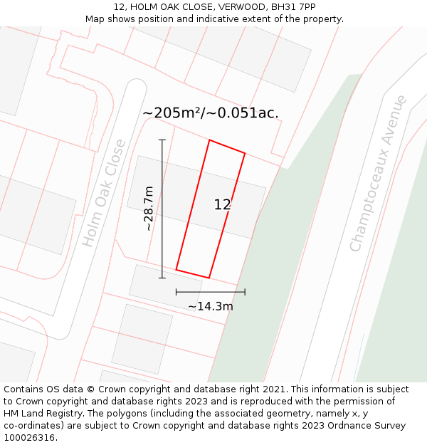 12, HOLM OAK CLOSE, VERWOOD, BH31 7PP: Plot and title map