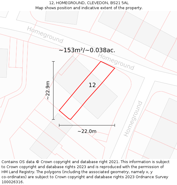 12, HOMEGROUND, CLEVEDON, BS21 5AL: Plot and title map