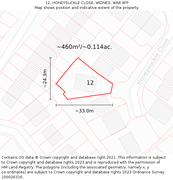 12, HONEYSUCKLE CLOSE, WIDNES, WA8 9FP: Plot and title map