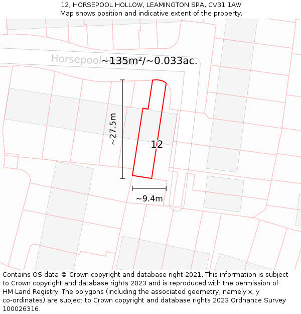 12, HORSEPOOL HOLLOW, LEAMINGTON SPA, CV31 1AW: Plot and title map