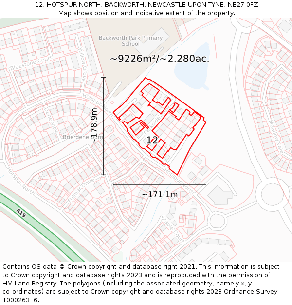 12, HOTSPUR NORTH, BACKWORTH, NEWCASTLE UPON TYNE, NE27 0FZ: Plot and title map