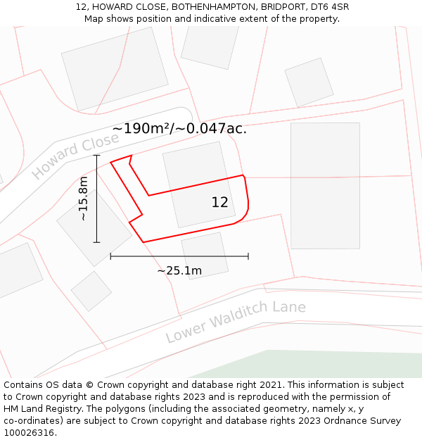 12, HOWARD CLOSE, BOTHENHAMPTON, BRIDPORT, DT6 4SR: Plot and title map