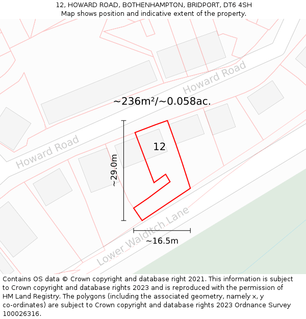 12, HOWARD ROAD, BOTHENHAMPTON, BRIDPORT, DT6 4SH: Plot and title map