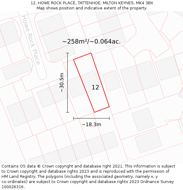 12, HOWE ROCK PLACE, TATTENHOE, MILTON KEYNES, MK4 3BX: Plot and title map