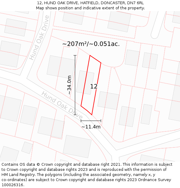 12, HUND OAK DRIVE, HATFIELD, DONCASTER, DN7 6RL: Plot and title map
