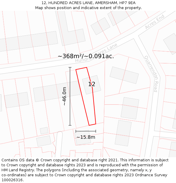 12, HUNDRED ACRES LANE, AMERSHAM, HP7 9EA: Plot and title map