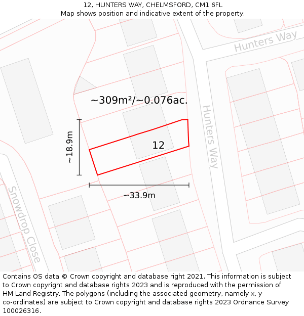 12, HUNTERS WAY, CHELMSFORD, CM1 6FL: Plot and title map