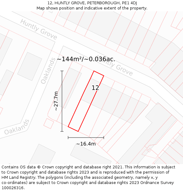 12, HUNTLY GROVE, PETERBOROUGH, PE1 4DJ: Plot and title map