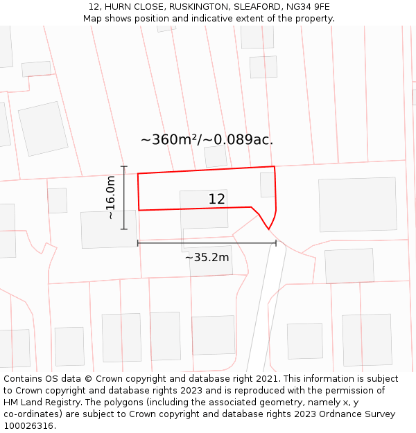 12, HURN CLOSE, RUSKINGTON, SLEAFORD, NG34 9FE: Plot and title map