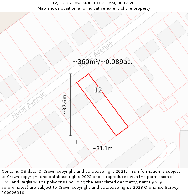 12, HURST AVENUE, HORSHAM, RH12 2EL: Plot and title map