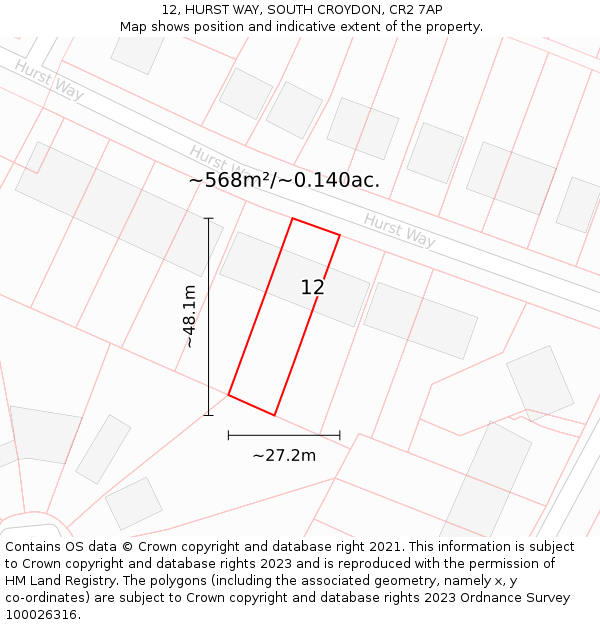 12, HURST WAY, SOUTH CROYDON, CR2 7AP: Plot and title map