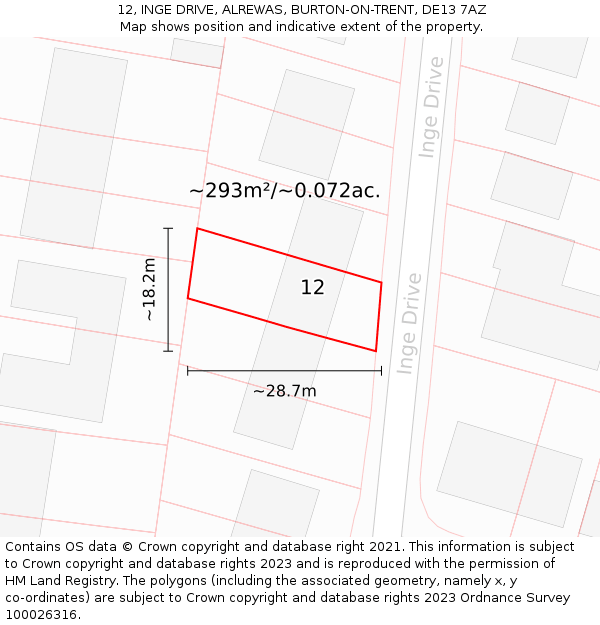 12, INGE DRIVE, ALREWAS, BURTON-ON-TRENT, DE13 7AZ: Plot and title map