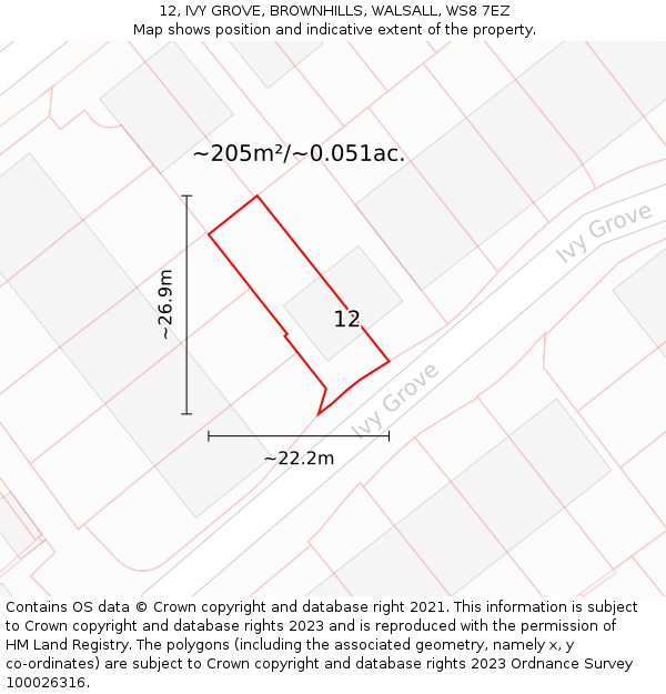 12, IVY GROVE, BROWNHILLS, WALSALL, WS8 7EZ: Plot and title map