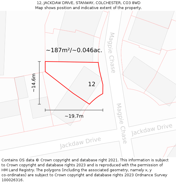 12, JACKDAW DRIVE, STANWAY, COLCHESTER, CO3 8WD: Plot and title map