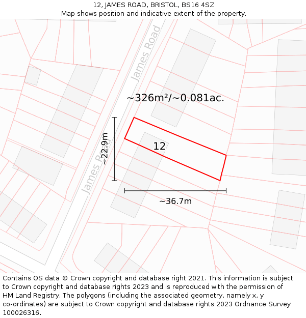 12, JAMES ROAD, BRISTOL, BS16 4SZ: Plot and title map