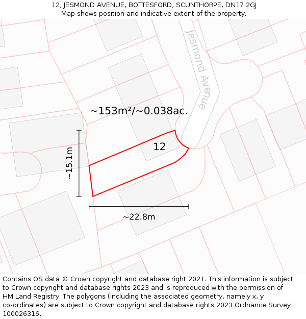 12, JESMOND AVENUE, BOTTESFORD, SCUNTHORPE, DN17 2GJ: Plot and title map