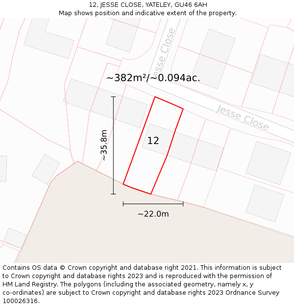 12, JESSE CLOSE, YATELEY, GU46 6AH: Plot and title map