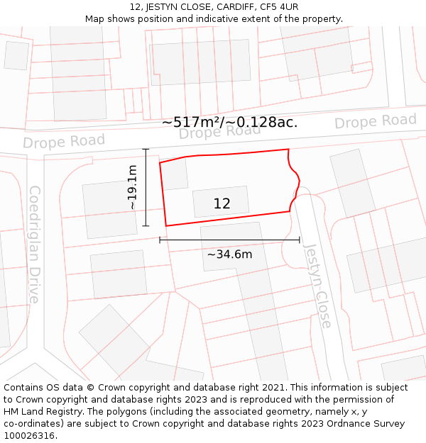 12, JESTYN CLOSE, CARDIFF, CF5 4UR: Plot and title map