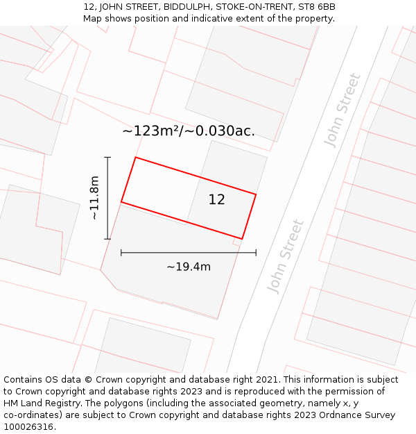 12, JOHN STREET, BIDDULPH, STOKE-ON-TRENT, ST8 6BB: Plot and title map