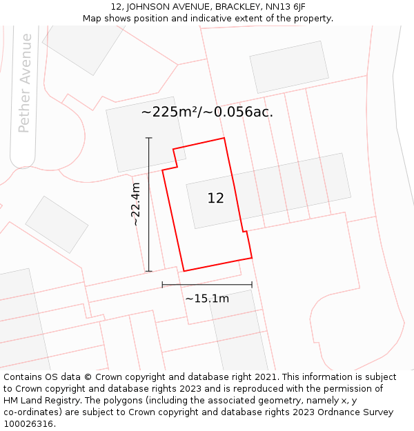 12, JOHNSON AVENUE, BRACKLEY, NN13 6JF: Plot and title map