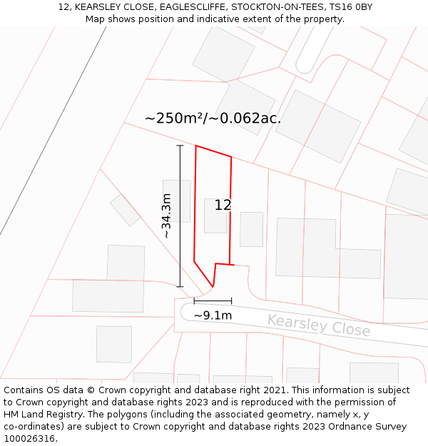 12, KEARSLEY CLOSE, EAGLESCLIFFE, STOCKTON-ON-TEES, TS16 0BY: Plot and title map