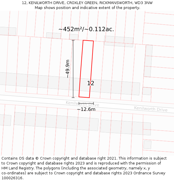 12, KENILWORTH DRIVE, CROXLEY GREEN, RICKMANSWORTH, WD3 3NW: Plot and title map