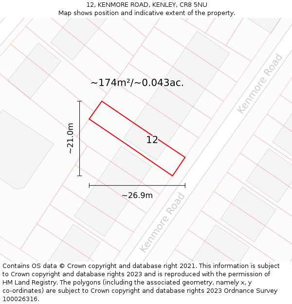 12, KENMORE ROAD, KENLEY, CR8 5NU: Plot and title map