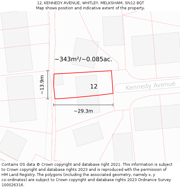 12, KENNEDY AVENUE, WHITLEY, MELKSHAM, SN12 8QT: Plot and title map