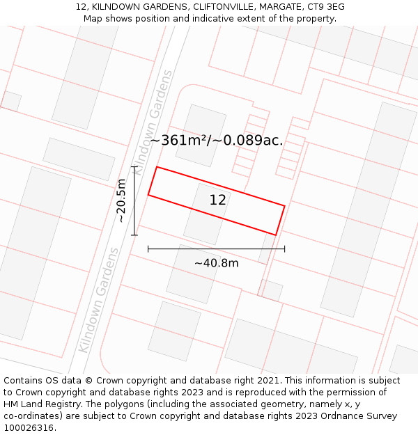 12, KILNDOWN GARDENS, CLIFTONVILLE, MARGATE, CT9 3EG: Plot and title map