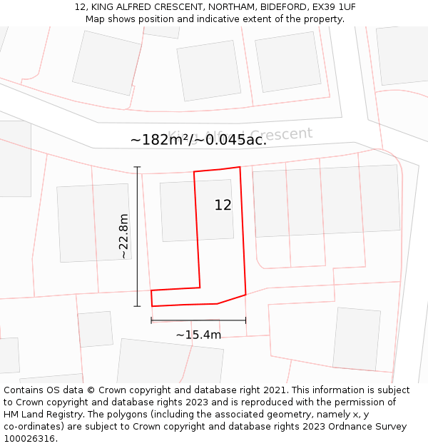 12, KING ALFRED CRESCENT, NORTHAM, BIDEFORD, EX39 1UF: Plot and title map