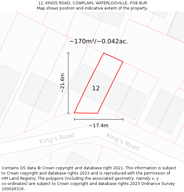 12, KINGS ROAD, COWPLAIN, WATERLOOVILLE, PO8 8UR: Plot and title map