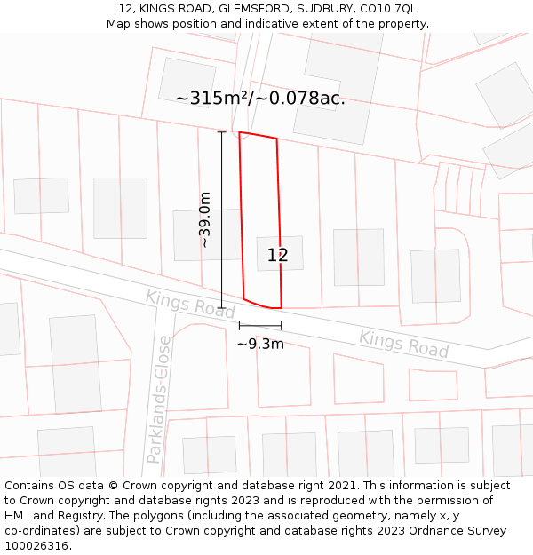 12, KINGS ROAD, GLEMSFORD, SUDBURY, CO10 7QL: Plot and title map