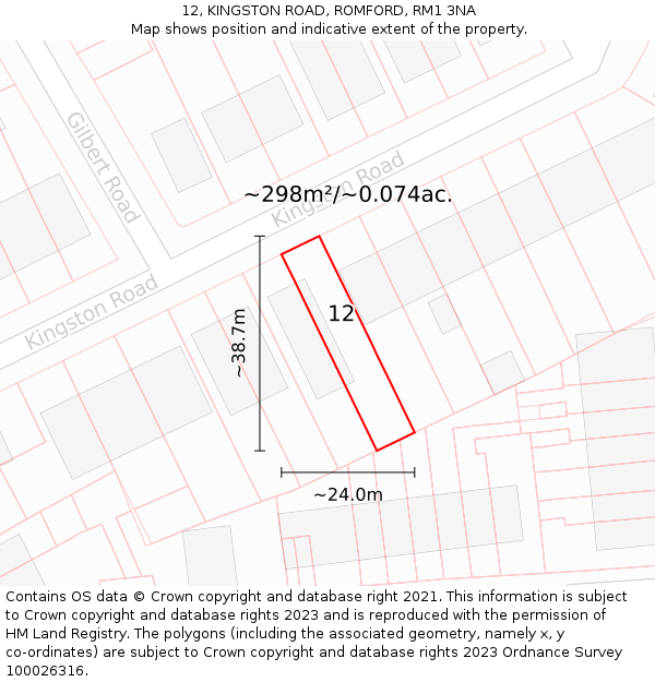 12, KINGSTON ROAD, ROMFORD, RM1 3NA: Plot and title map