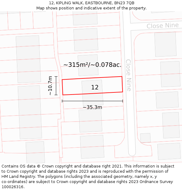 12, KIPLING WALK, EASTBOURNE, BN23 7QB: Plot and title map