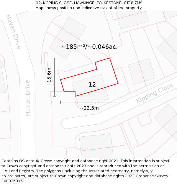 12, KIPPING CLOSE, HAWKINGE, FOLKESTONE, CT18 7NY: Plot and title map