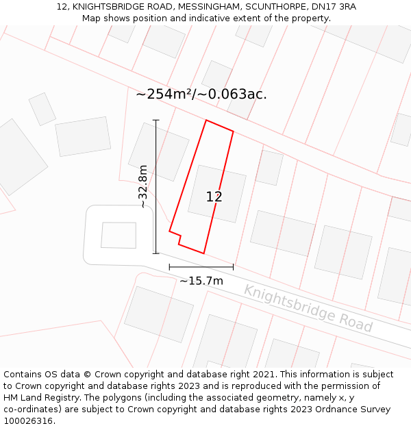 12, KNIGHTSBRIDGE ROAD, MESSINGHAM, SCUNTHORPE, DN17 3RA: Plot and title map