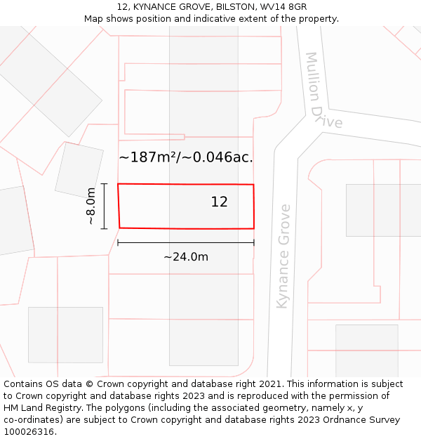 12, KYNANCE GROVE, BILSTON, WV14 8GR: Plot and title map