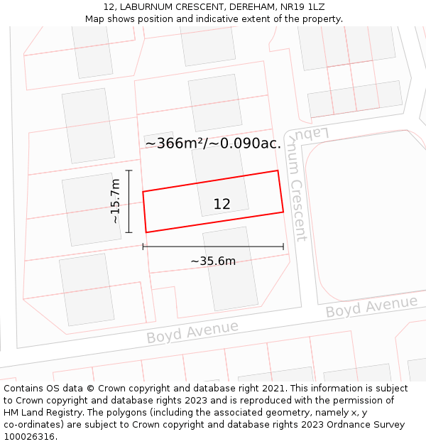 12, LABURNUM CRESCENT, DEREHAM, NR19 1LZ: Plot and title map