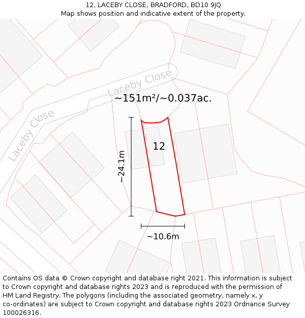 12, LACEBY CLOSE, BRADFORD, BD10 9JQ: Plot and title map