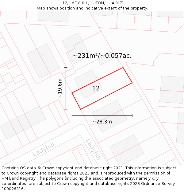 12, LADYHILL, LUTON, LU4 9LZ: Plot and title map