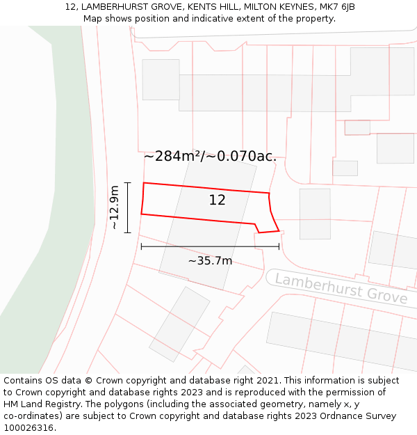 12, LAMBERHURST GROVE, KENTS HILL, MILTON KEYNES, MK7 6JB: Plot and title map