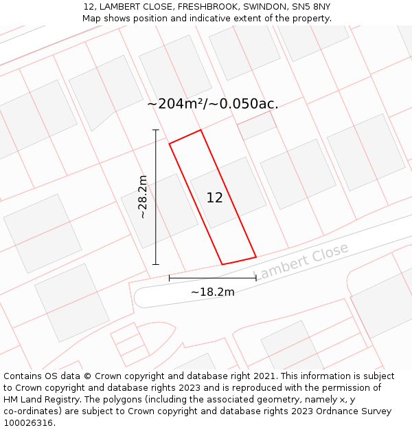 12, LAMBERT CLOSE, FRESHBROOK, SWINDON, SN5 8NY: Plot and title map