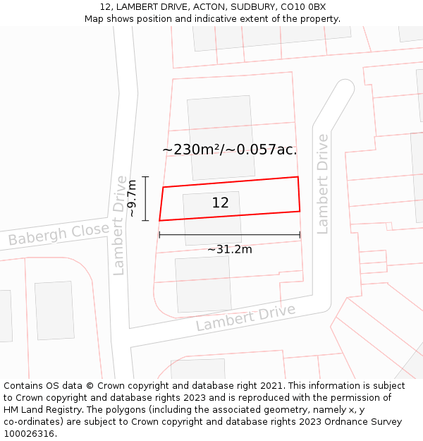 12, LAMBERT DRIVE, ACTON, SUDBURY, CO10 0BX: Plot and title map