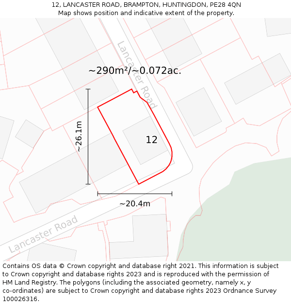 12, LANCASTER ROAD, BRAMPTON, HUNTINGDON, PE28 4QN: Plot and title map