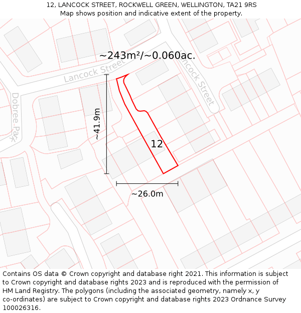 12, LANCOCK STREET, ROCKWELL GREEN, WELLINGTON, TA21 9RS: Plot and title map