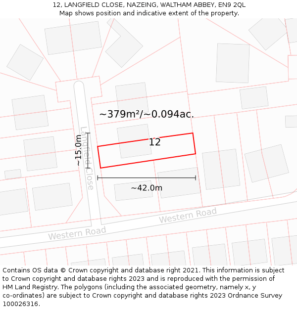 12, LANGFIELD CLOSE, NAZEING, WALTHAM ABBEY, EN9 2QL: Plot and title map